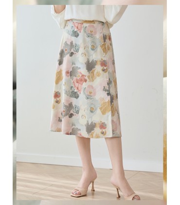 Oil painting skirt single-breasted slit A-line skirt 