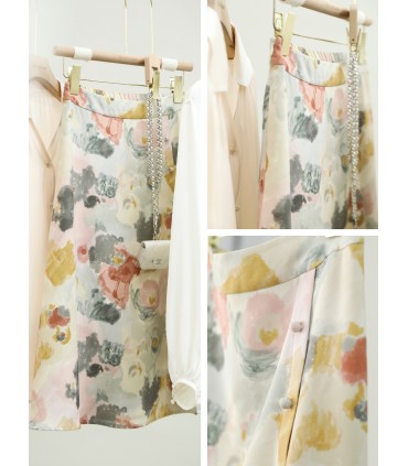 Oil painting skirt single-breasted slit A-line skirt 