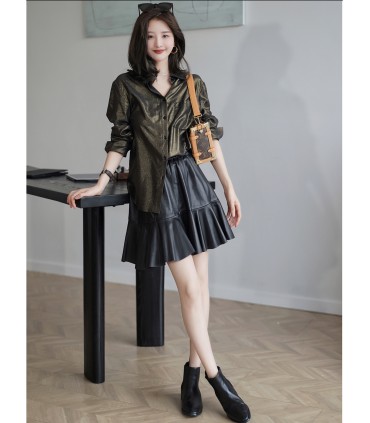 Rok kulit asli Rok A-line bertekstur 