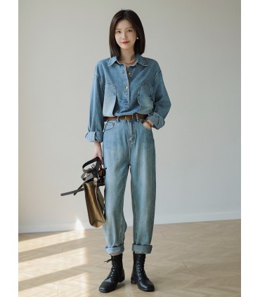 Kemeja Denim Temperamen Longgar Pesta Koboi 