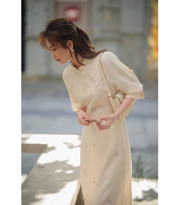 Đầm sườn xám lụa cổ đứng hoa lê say rượu 