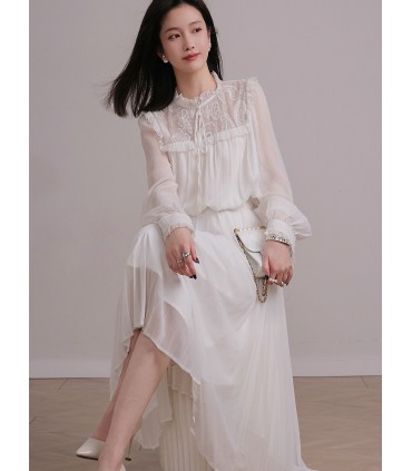 Gấp kết cấu ren thêu + cổ áo ren 