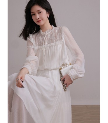 Gấp kết cấu ren thêu + cổ áo ren 