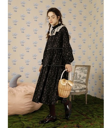 Gola alta vestido longo gola falsa cogumelo pintado à mão 