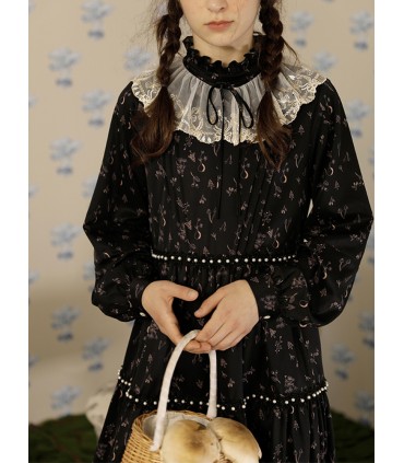 Gola alta vestido longo gola falsa cogumelo pintado à mão 