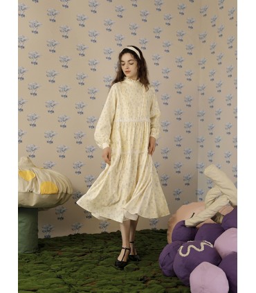 Gola alta vestido longo gola falsa cogumelo pintado à mão 