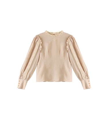 Leinen-Langarmhemd mit besticktem Spitzenkragen