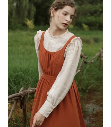 Leinen-Langarmhemd mit besticktem Spitzenkragen