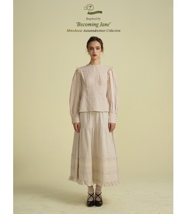 Kemeja Lengan Panjang Linen Lace Kolar Bersulam