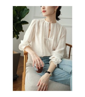 Chemise à manches longues en lin creux plissé 