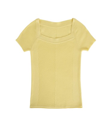 T-shirt slim fit in maglia di lana con collo quadrato a spina di pesce 