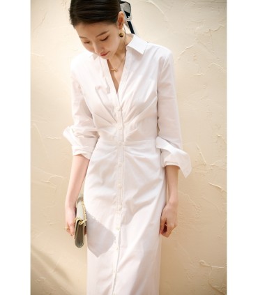 Robe chemise plissée à taille plissée et col en V 