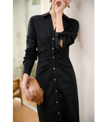 Robe chemise plissée à taille plissée et col en V 