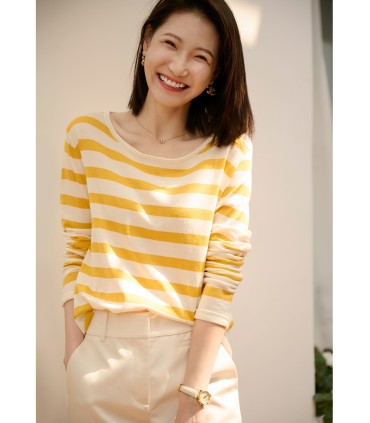 Baju-T baju sejuk berjalur kontras linen 