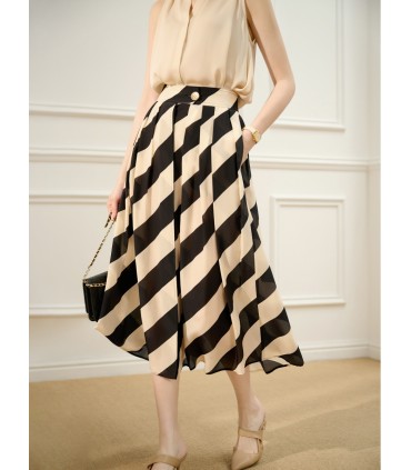 Striped silk pleated A-line skirt 