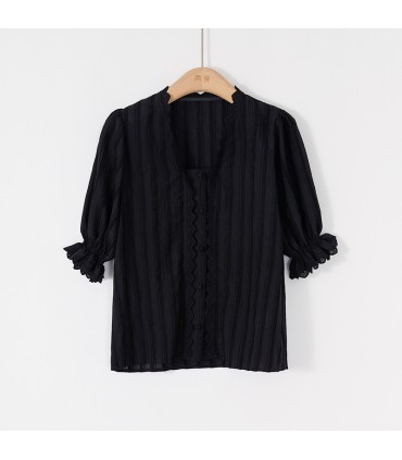 Vネックパフ半袖シャツ