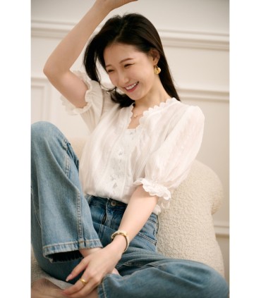 브이넥 퍼프 반팔 셔츠 