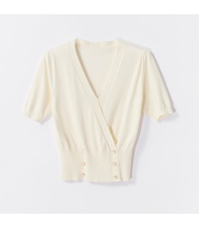 Camiseta de malha fina de algodão Tencel com decote em V 