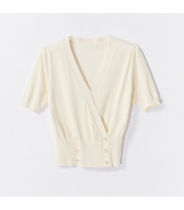 テンセルコットン VネックスリムニットTシャツトップス