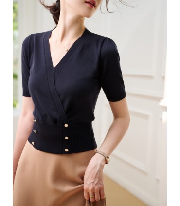 Áo thun dệt kim mỏng cổ chữ V bằng cotton Tencel 