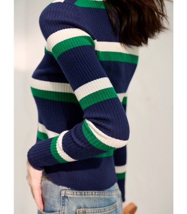 Uldstribet kort strikket cardigan tynd jakke