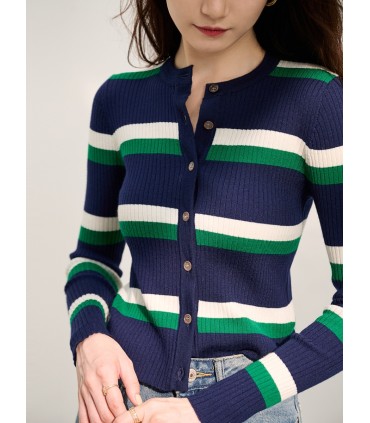 Uldstribet kort strikket cardigan tynd jakke