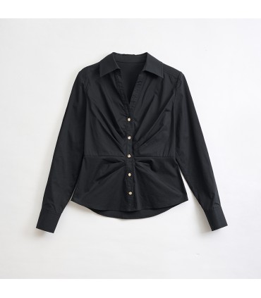 Camicia bianca con scollo a V snellente in vita pieghettata