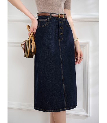 Denim rok met enkele rij knopen en split