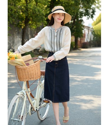 Rok Denim Celah Katun Single-Breasted