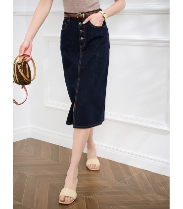 Rok Denim Celah Katun Single-Breasted