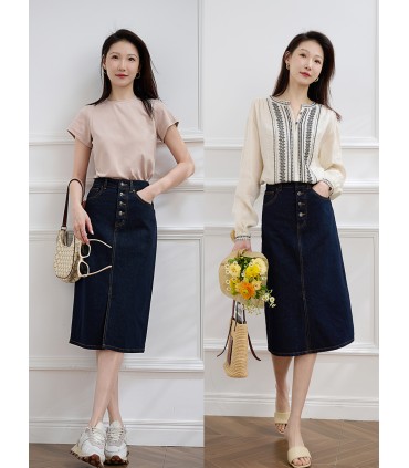 Rok Denim Celah Katun Single-Breasted