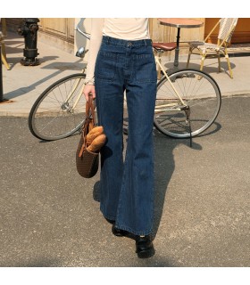 Quần denim ống rộng lưng hơi loe hai túi màu xanh đậm 