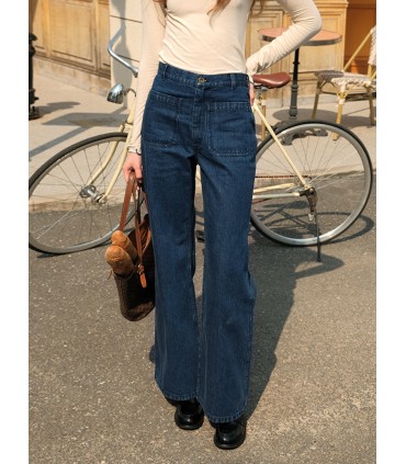 Pantalon en denim ample taille haute légèrement évasé bleu foncé à double poche 