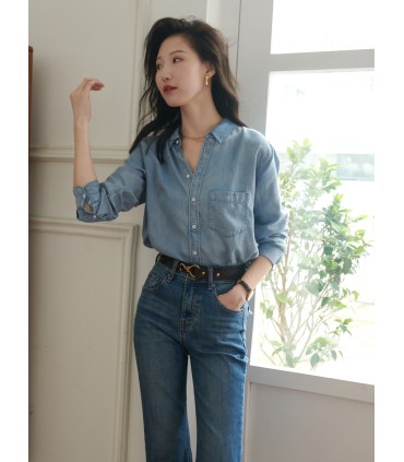 Denim løs langærmet skjorte 