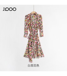 Ruffled floral wrap V-neck tea break dress