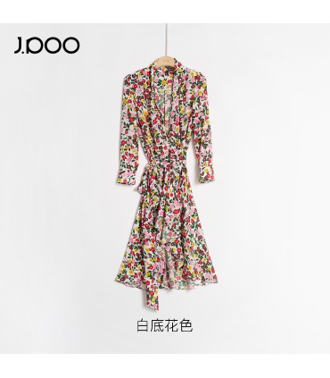 Ruffled floral wrap V-neck tea break dress