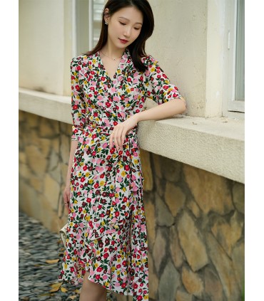 Ruffled floral wrap V-neck tea break dress