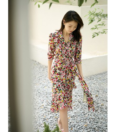 Ruffled floral wrap V-neck tea break dress