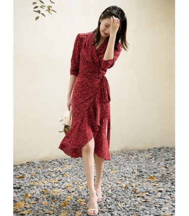 Ruffled floral wrap V-neck tea break dress