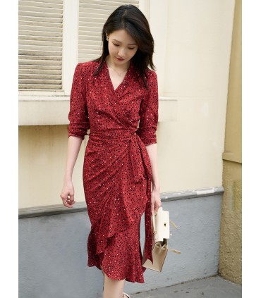 Ruffled floral wrap V-neck tea break dress