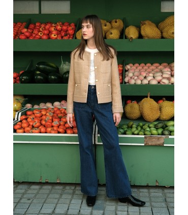 Pantalon en denim ample taille haute légèrement évasé bleu foncé à double poche 