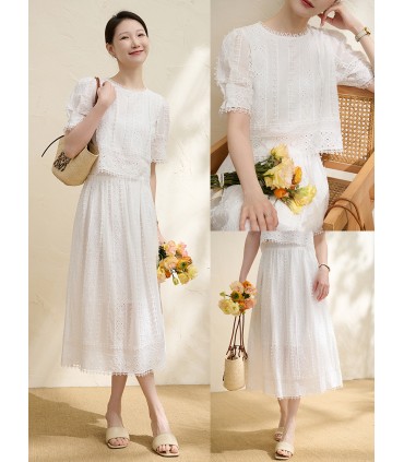 Bộ váy áo thun cotton rỗng thêu ren 