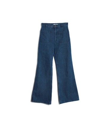 Pantalon en denim ample taille haute légèrement évasé bleu foncé à double poche 
