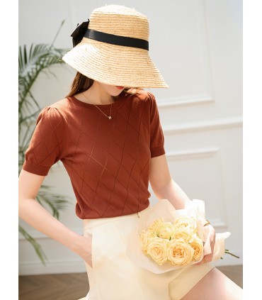 Áo thun ngắn tay dệt kim cotton Tencel kẻ sọc rỗng