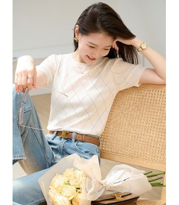 할로우 다이아몬드 체크 텐셀 코튼 니트 반팔 티셔츠 