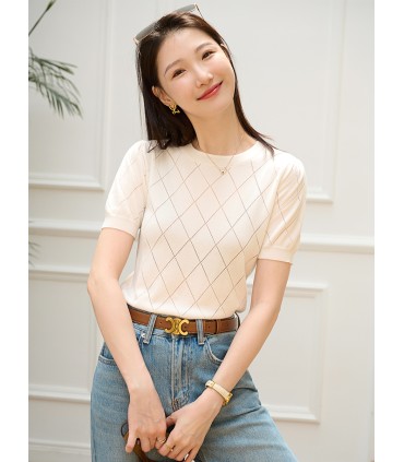 T-shirt a maniche corte in maglia di cotone Tencel a quadri vuoti a rombi