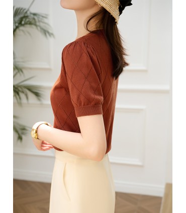 Hollow diamond plaid Tencel cotton knitted short-sleeved T-shirt