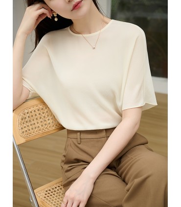 Atasan baju T warna pepejal lengan kelawar sutera 