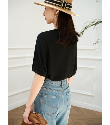 Silk bat sleeve solid color T-shirt top 