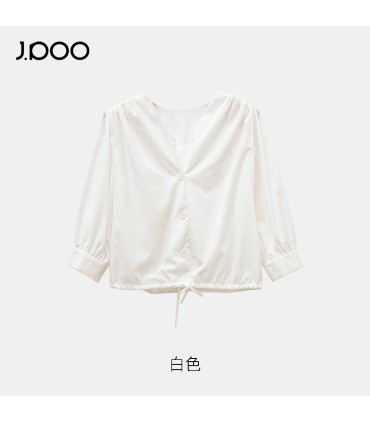 Top camicia in cotone con maniche a tre quarti e maniche a sbuffo